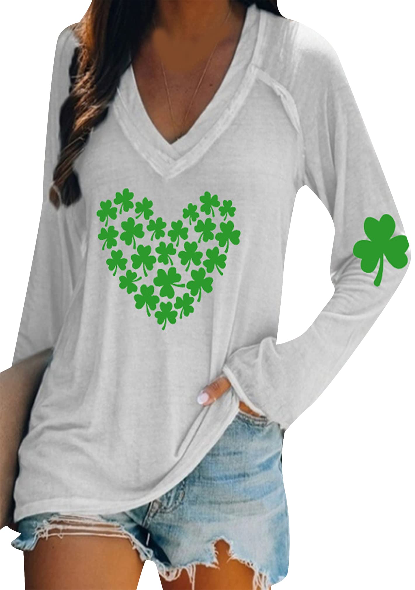 BOFETA Women St Patricks Day Sweatshirts Loose Long Sleeve Shirts Green Shamrock Print Blouse Flowy Color Block Pullover Tops
