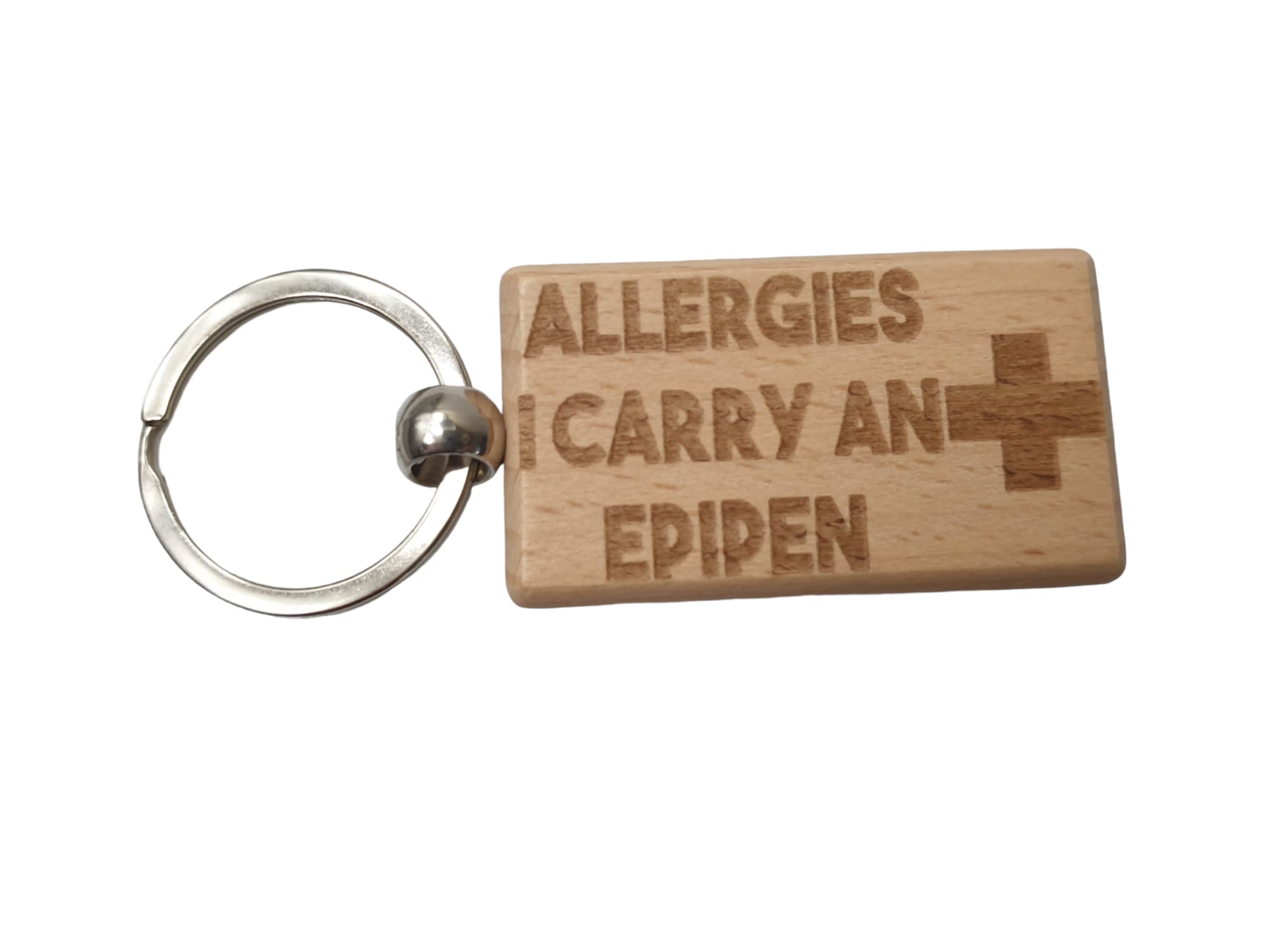 Decalarama Brown Epipen Keyring Gift - Medical Alert Allergies Key Ring - Engraved Hardwood Key Chain