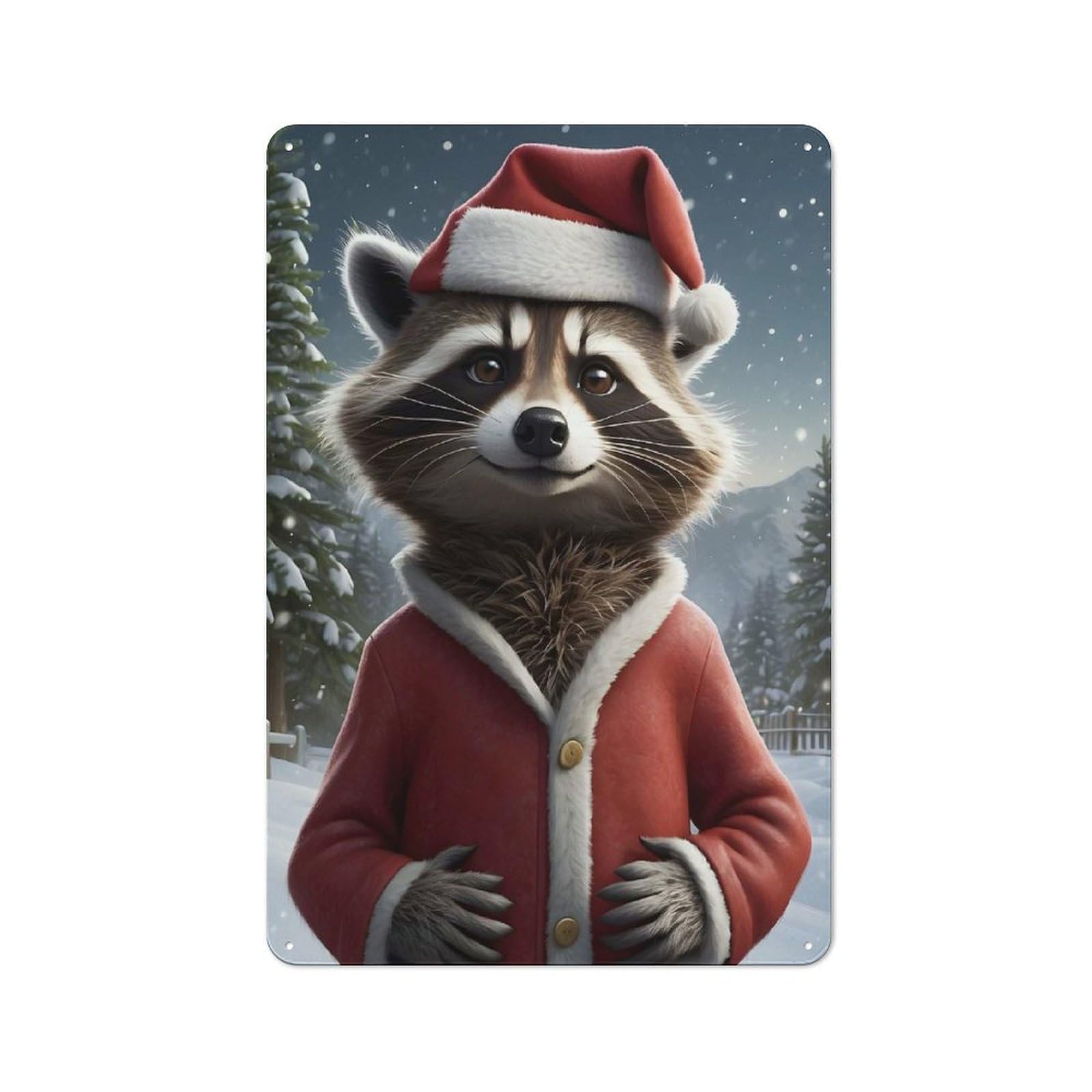 Junmoney Racoon Santa Hat Vintage Metal Wall Decor 30X20cm, Garage Metal Sign For Workshop, Basement, Shed Or Games Room