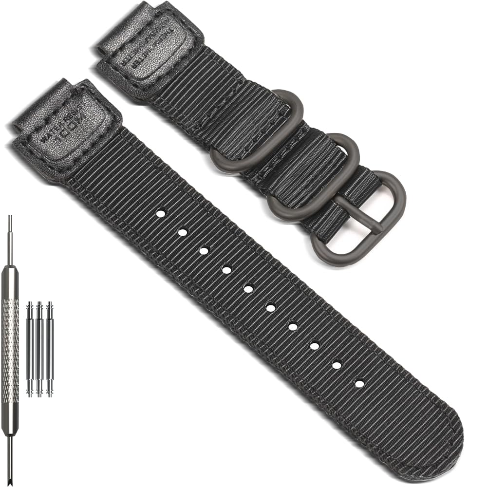 16mm strap Compatible with Casio GWM5610 DW9052 GA-2100 DW5600 GA-100 GD100 G8900 Nylon leather splicing watch band Heavy metal buckle wristband Black Black buckle