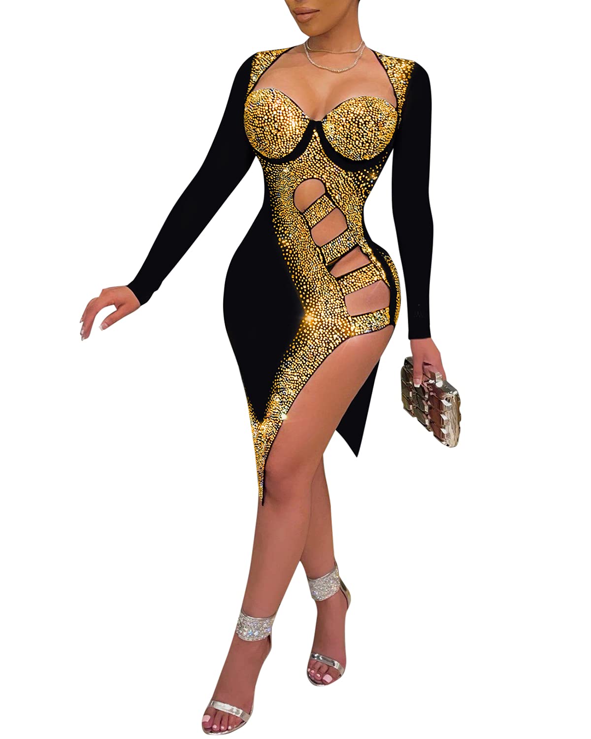 PORRCEY Women's Sexy Elegant Rhinestone Mesh See Through Dance Party Club Night Out Bodycon Mini Dress