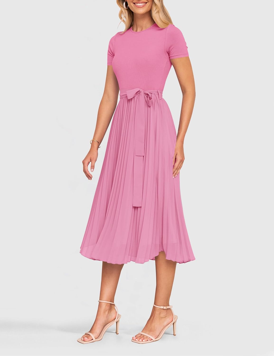 ZESICA Womens 2026 Summer Short Sleeve Midi Dresses Crewneck Knit Belted Pleated Business Work Cocktail A Line Flowy Dress - Image 4