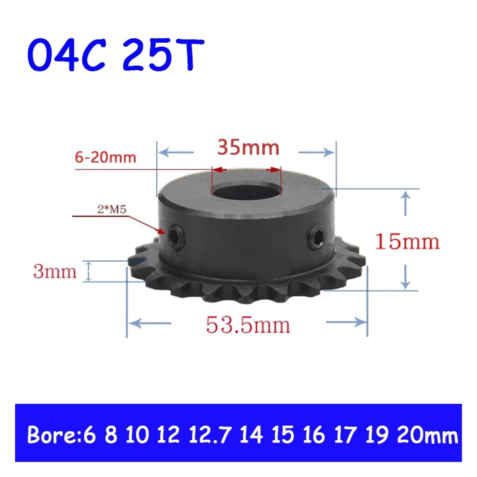 Bevel Gear Pinion Hardware Mechanical 25Teeth 04C Chain Gear 45# Steel Industrial Sprocket Wheel 6/8/10/12/12.7/14/15mm to 20mm Motor Chain Drive Sprocket(14mm Bore)