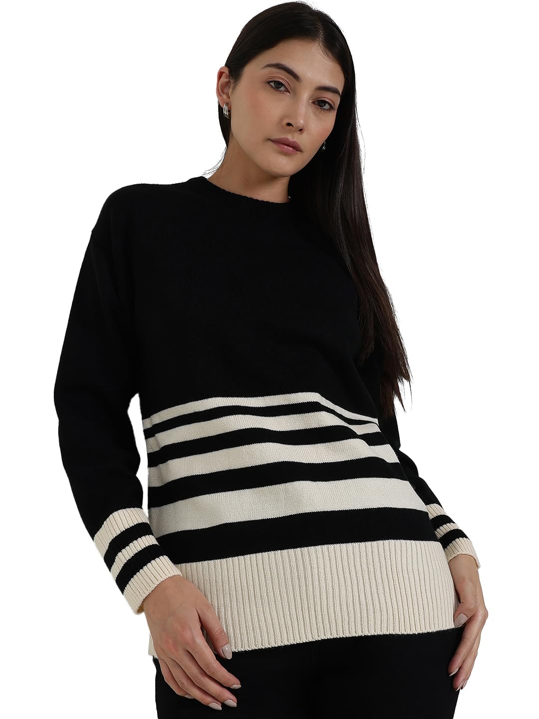 Women Pullover Sweater | Striped Round Neck Design | Soft Acrylic Fabric & Ribbed Hemline for Casual Wear-image-47