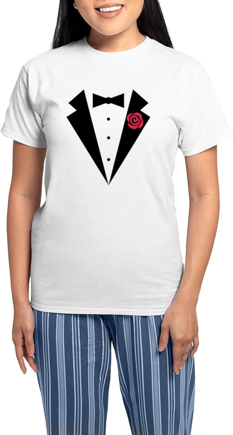 CafePress Funny Tuxedo [red Rose] Women's Light Pajamas Women's Novelty Cotton Pajama Set, Comfortable PJ Sleepwear