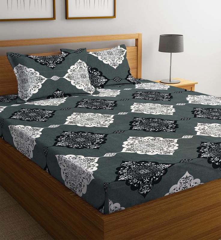 Image of la'amour Cotton Elastic Fitted Bedsheets with 2 King Size Pillow Covers Double Bed with All Around Elastic Supersoft Size - 72 King Sizex78+10 inches Color - White Grey