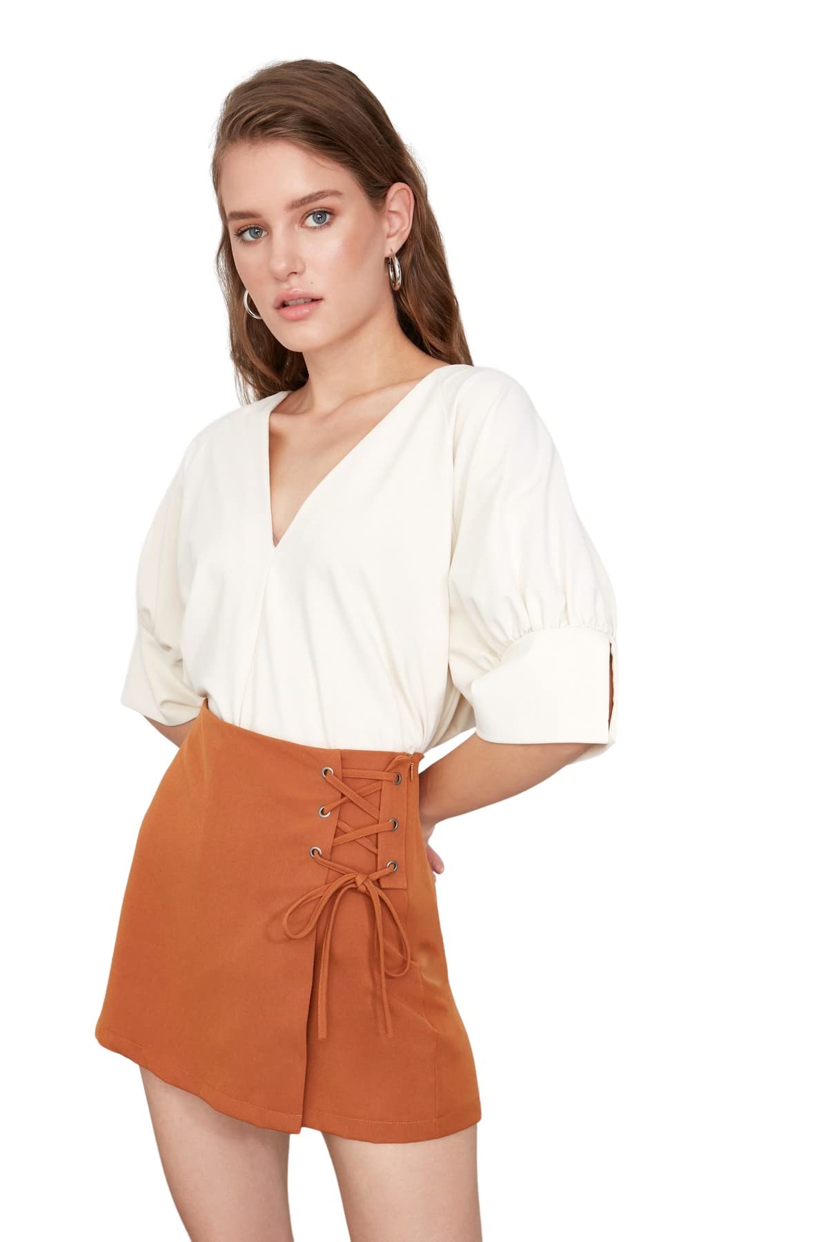 Trendyol Damen Camel Women Basic High Waist Skinny Fit Skort Shorts Pants, 64