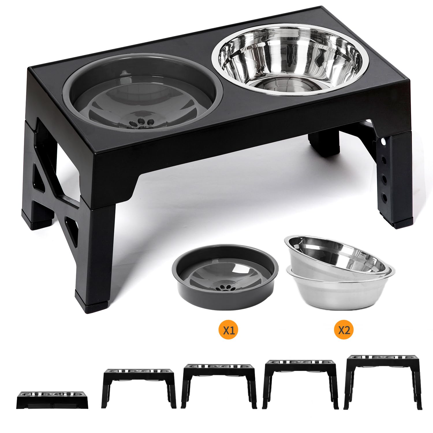 Ajustables Comedero Perro Elevado con 2 Cuencos de Acero Inoxidable y Bebedero Perro Antigoteo, Comedero y Bebedero Perro, Antideslizante Comedero Perro Alto para Perros Mediano y Grande, Negro