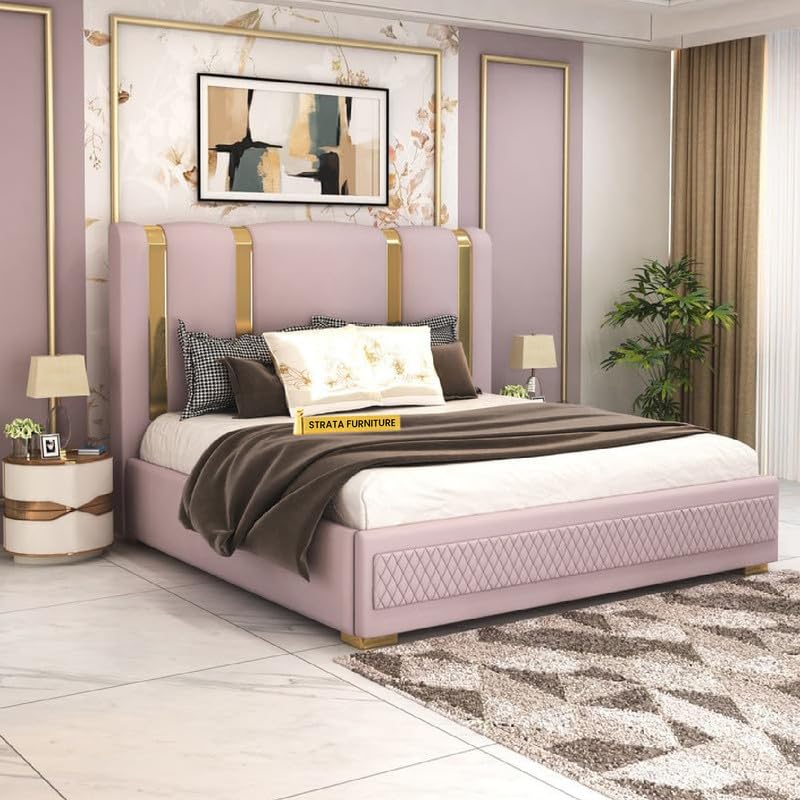 Image of STRATA FURNITURE Solid Wood King Size Bed with Box Storage and Upholstered Headboard | Modern Wooden Double Bed Cot Palang Furniture for Bedroom, Hotels, Living Room, Home (Light Purple)