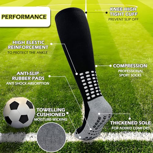 Vegove 6 Pairs Men's Cushioned Soccer Socks with Grip, Non Slip Sports Socks, Knee High Compression Basketball Stockings4