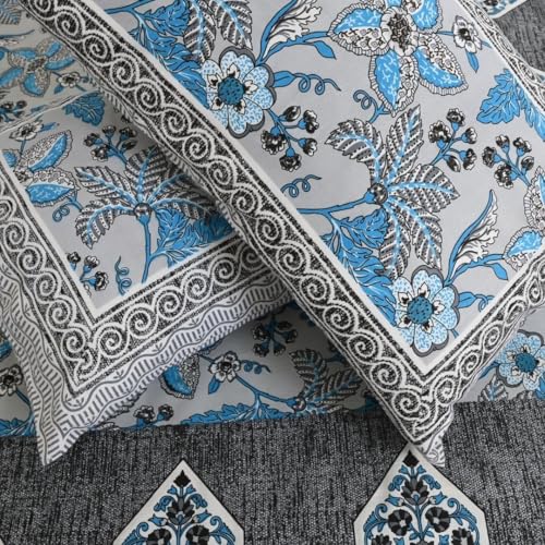 Image of Jaipur Weaves Jaipuri Double Bed Cotton Bedsheet Queen Size 90x85, 120 TC 100% Pure Cotton Bed Sheet with 2 Pillow Covers, Floral Traditional Print (Aqua, Double)