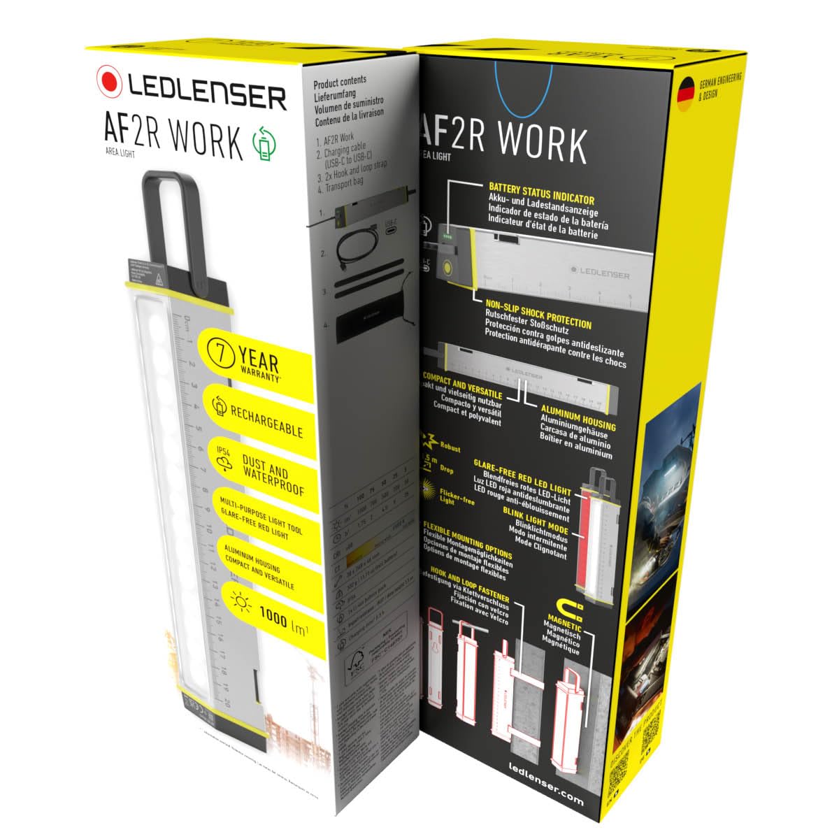 Ledlenser AF2R Work Akku-Flutlichtstrahler, 1000lm, bis zu 35h Laufzeit, | Magnetische, tragbare Arbeitsleuchte, IP54, 7000 K Weißlicht, kabellos, inkl. Haken, USB-C, 332g, LED-Leuchte für Heimwerken