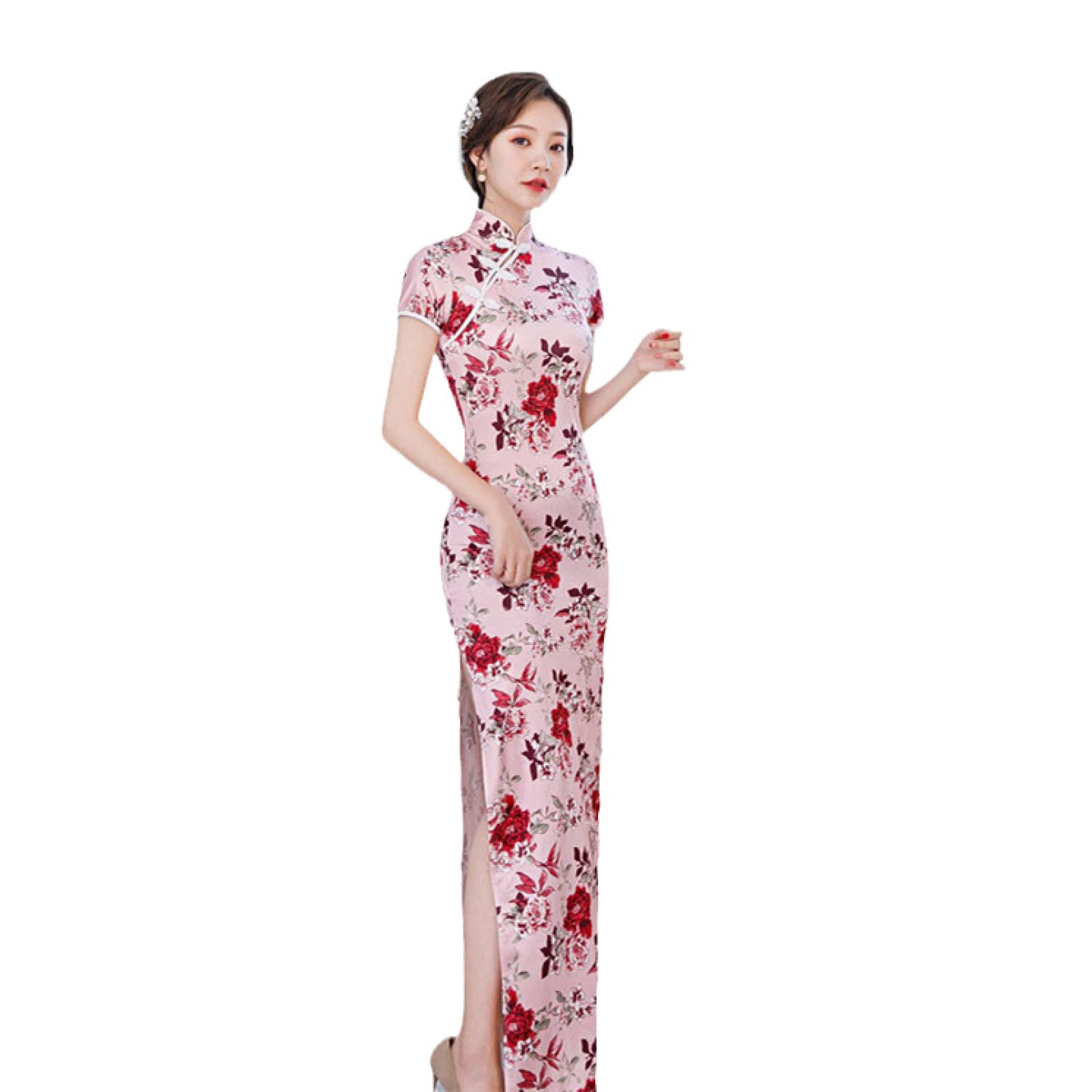 YAROVA Vestito da Cinese Donna -Estate Manica Corta Elegante retrò Donne Cheongsam Cinese Tradizionale Sottile Vestito Festa Matrimonio Abiti Lunghi Moda Sexy Qipao Abbigliamento
