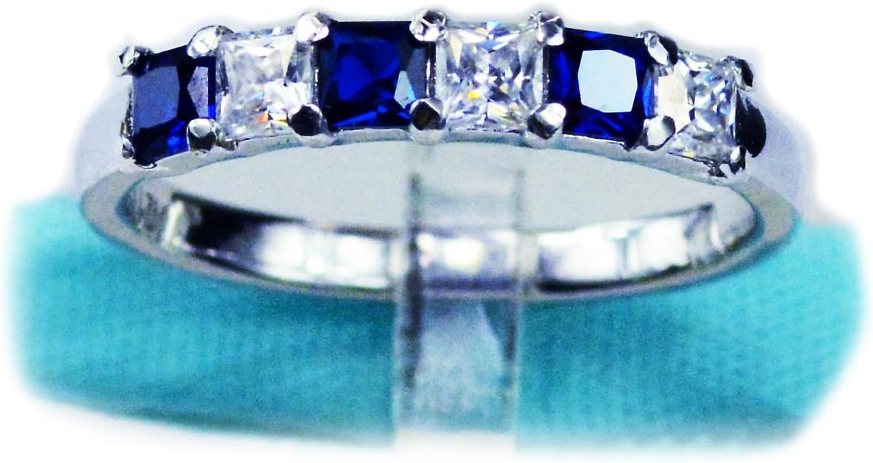 Princess Cut White Moissanite Diamond & Blue Sapphire Wedding Band, 925 Sterling Silver, Stacking Ring