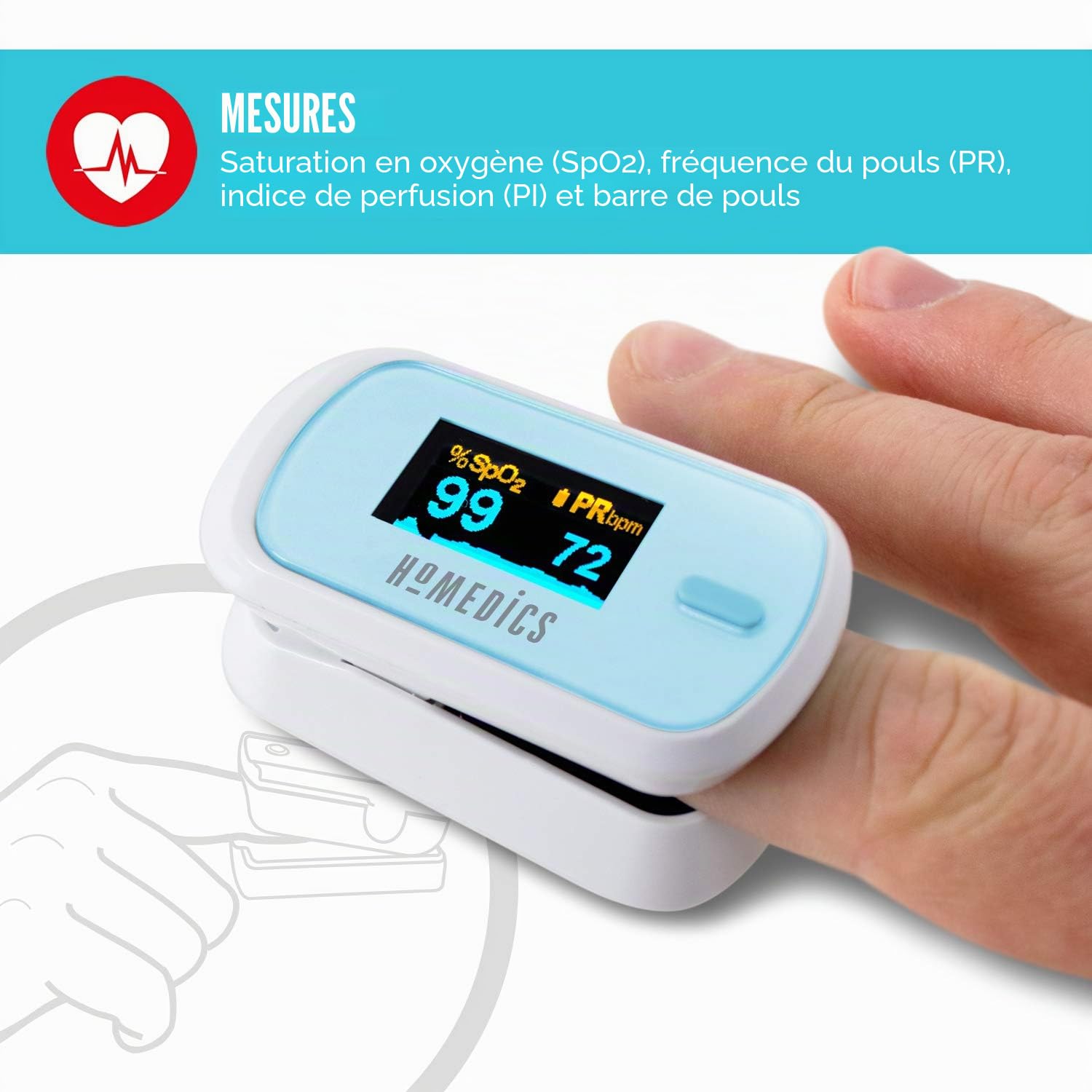 Homedics Oxymètre de pouls professionnel - Mesure le niveau d’oxygène dans le sang au bout du doigt – Portable et Ecran facile à lire - SpO2, PR et PI