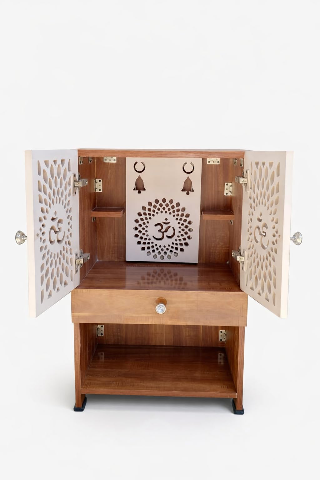Wooden Home Temple with Sitting Table (Pooja Chowki) with LED Backlight, Laser Cut OM Design, Soft Close Door, Premium Engineered Wood, White, Traditional Indian Style, Height 30 Inch-image-12