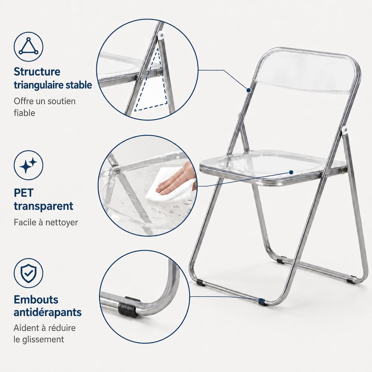EGGREE Lot de 4 Chaises Pliantes PET Transparent, Charge max. 150 kg