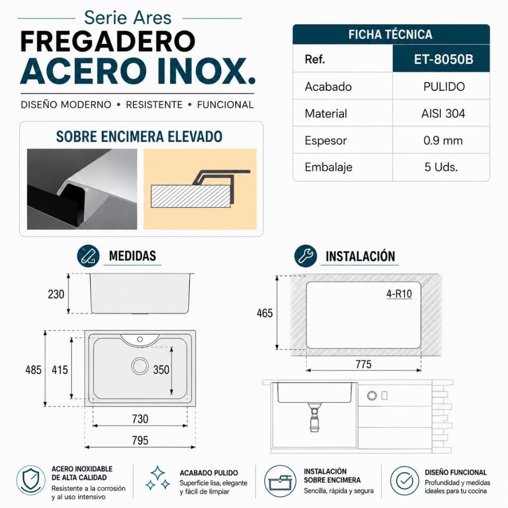 Ares Fregadero Cocina Acero Inoxidable AISI 304 80x49 cm - 1 Seno - Sobre Encimera - Resistente y Fácil Limpieza - Gran Cubeta 23 cm de Profundidad