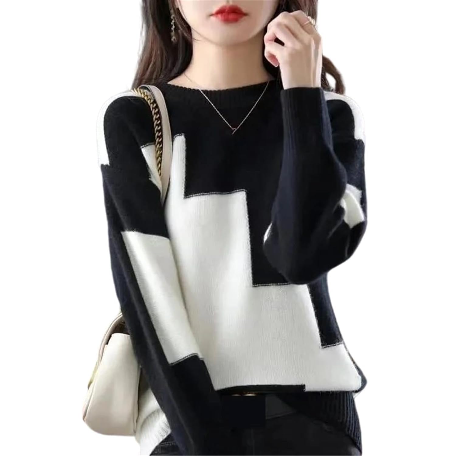 Womens Color Spliced Knit Pullover Crew Neck Loose Fit Sweater Autumn Casual Fashion Top