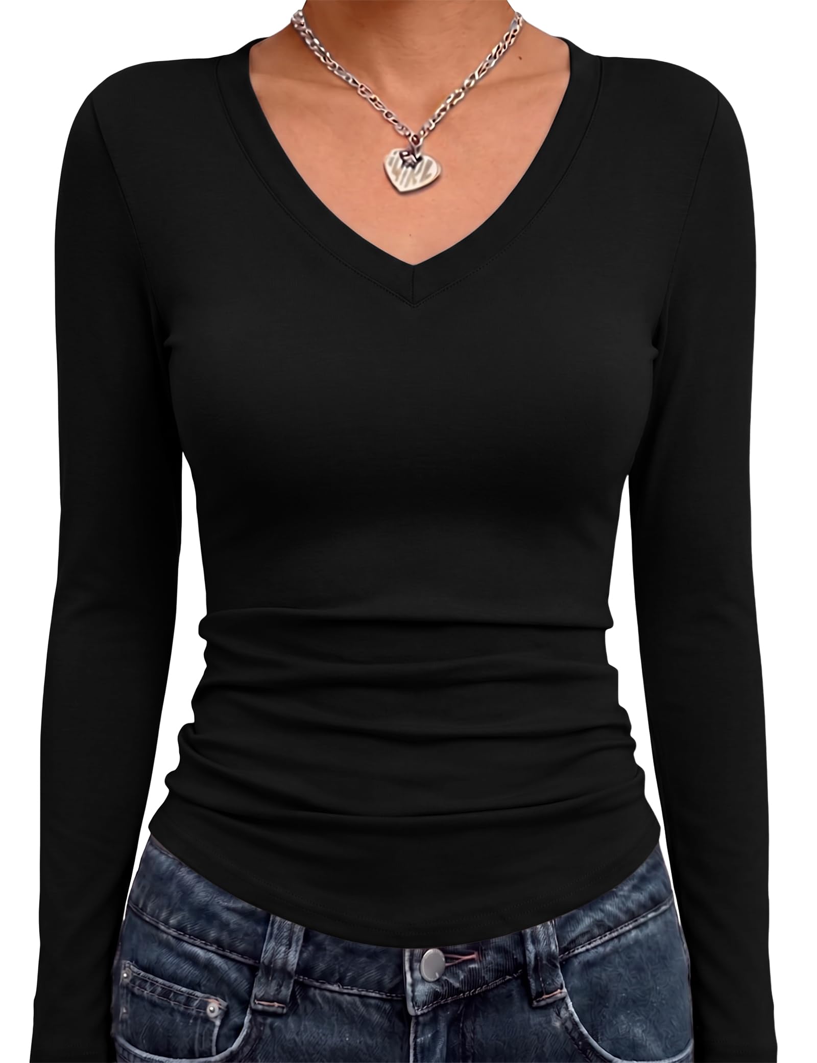 Totatuit Langarmshirt Damen V Ausschnitt Basic Oberteile Langarm T-Shirt | Weiches Elastisches Leichtes Geschwungener Curved Hem Alltag Büro Frühling Herbst Layering Figurbetont Stretch Damenoberteil