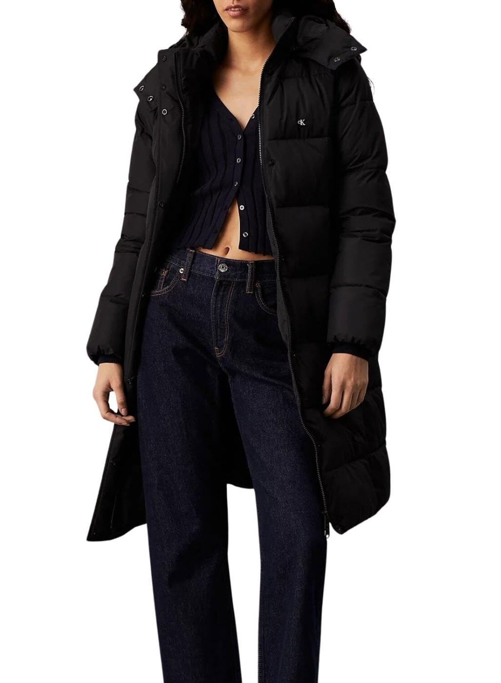 Calvin Klein Women’s Long Puffer Coat with Hood, Black (Ck Black), S