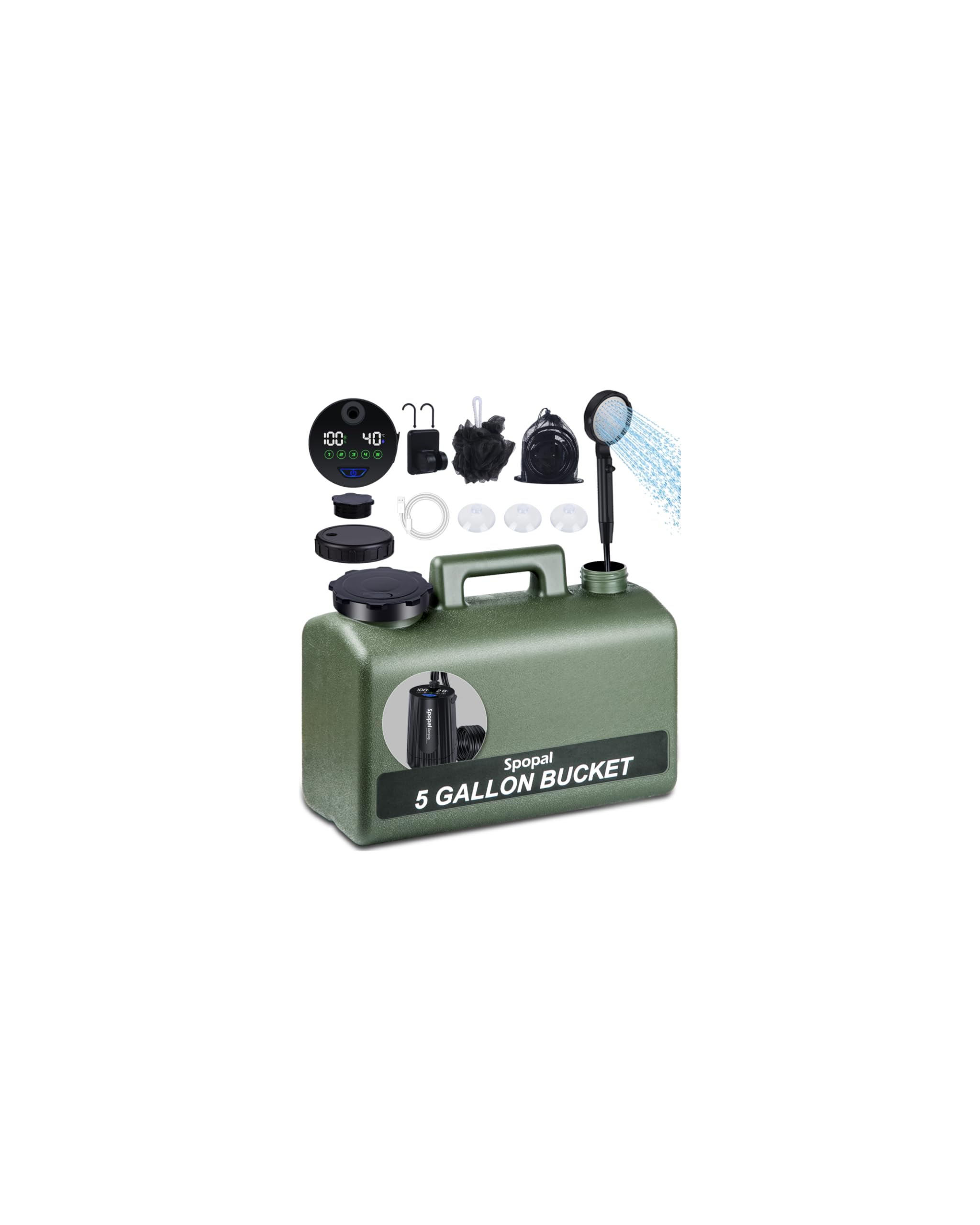 Spopal Douche Portable,[20L&IPX8 Étanche] Kit Douche Camping,avec Seau,Robuste,Durable,10000mAh,Charge Type-C,5 Vitesses,Écran Intelligent,pour Bain des Animaux,Camping et Voyages