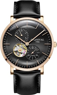 MASTOP Brand Men Ultra Thin Watch Automatic Mechanical Skeleton 24-Hours Gold Stainless Steel Leather Band