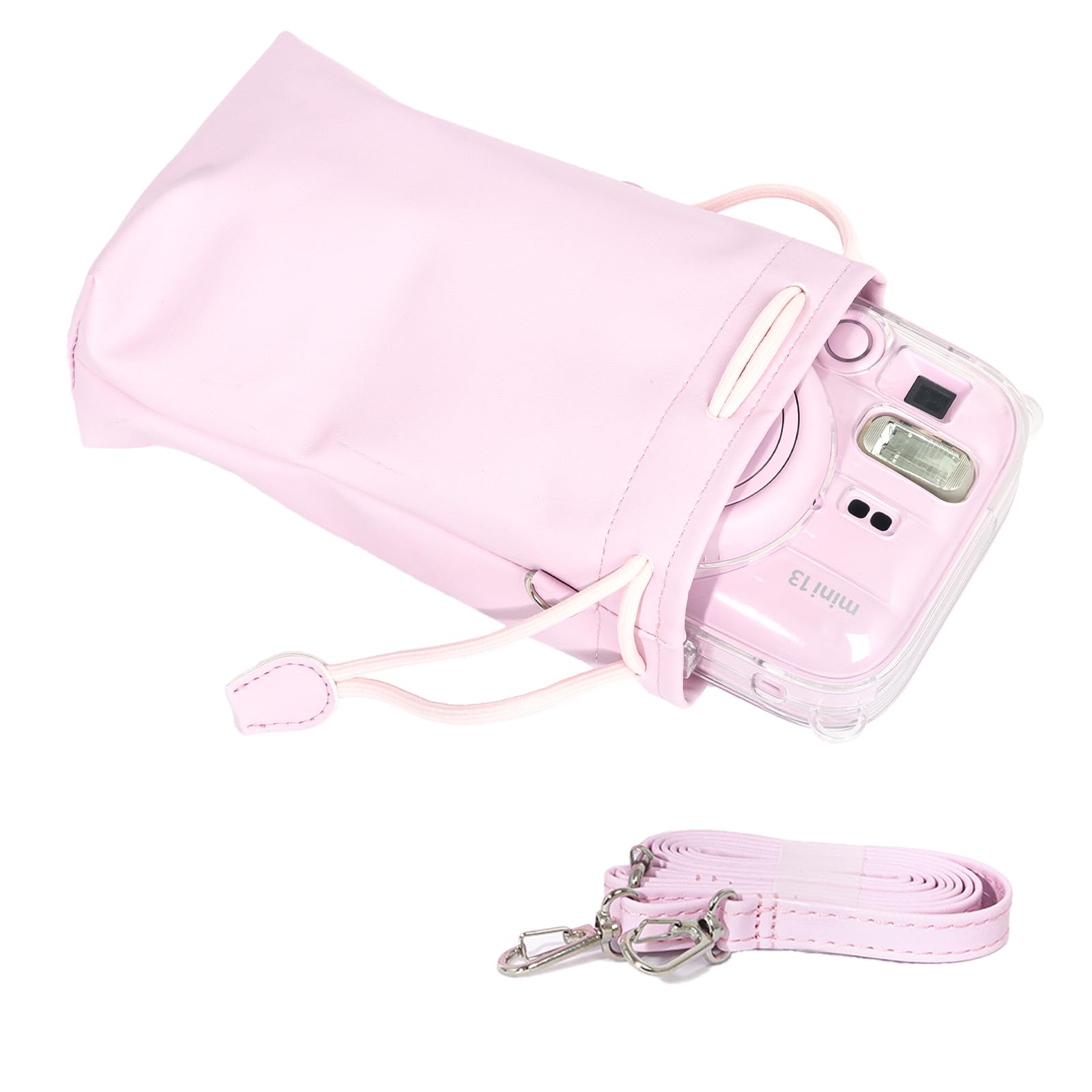 Linpr Drawstring Camera Pouch for Fujifilm Instax Mini 13/12/11/9/8, Waterproof Soft Protective Bag with Detachable Strap, Portable Carrying Case for Instant Camera Accessories (Pink)