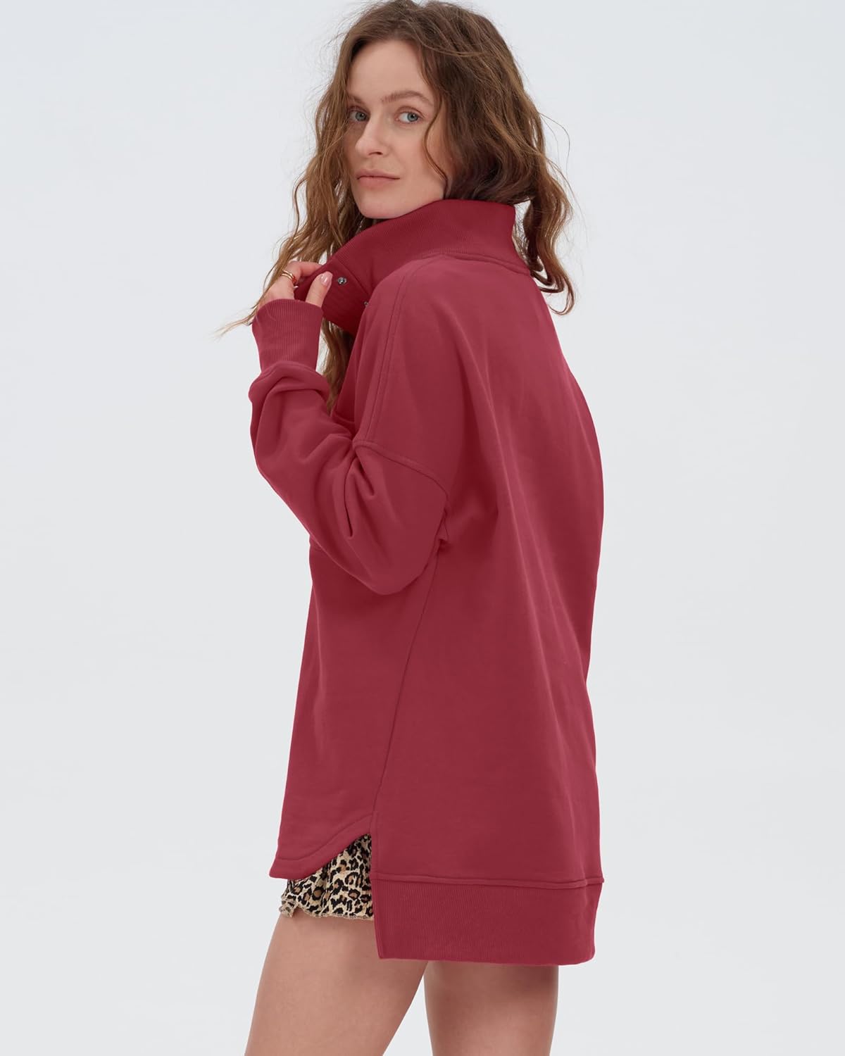 Gacaky Womens Oversized Sweatshirts Casual Button Henley Neck Side Slit Pullover Fall Winter Fashion Outfits Clothes - Image 4