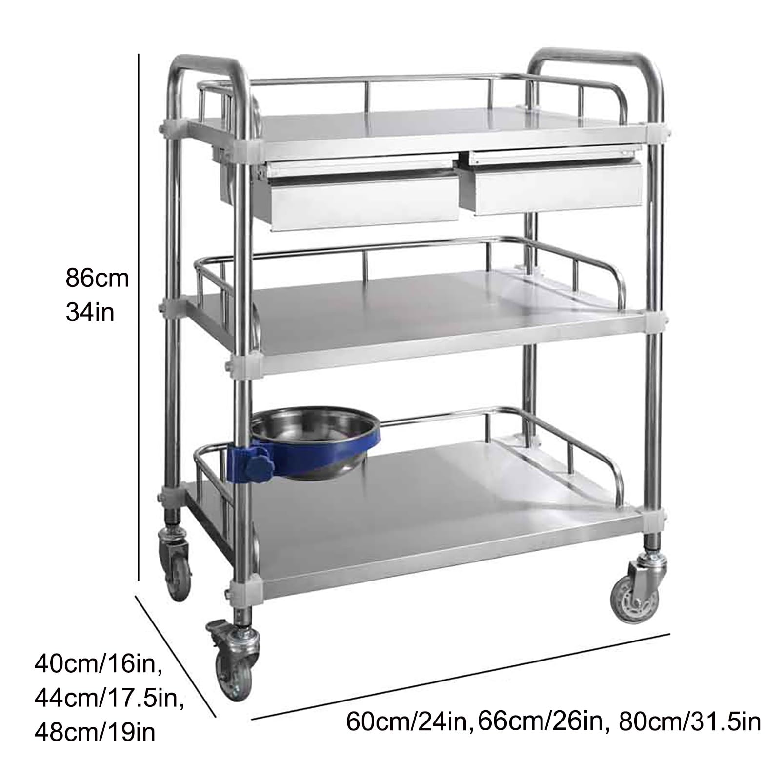 Carrello da lavoro in acciaio inox con ruote, tavolo da cucina commerciale in metallo, carrello in acciaio inox con due cassetti, per ospedali, cliniche e centri bene,80*48*86cm/31.5*19*34 in