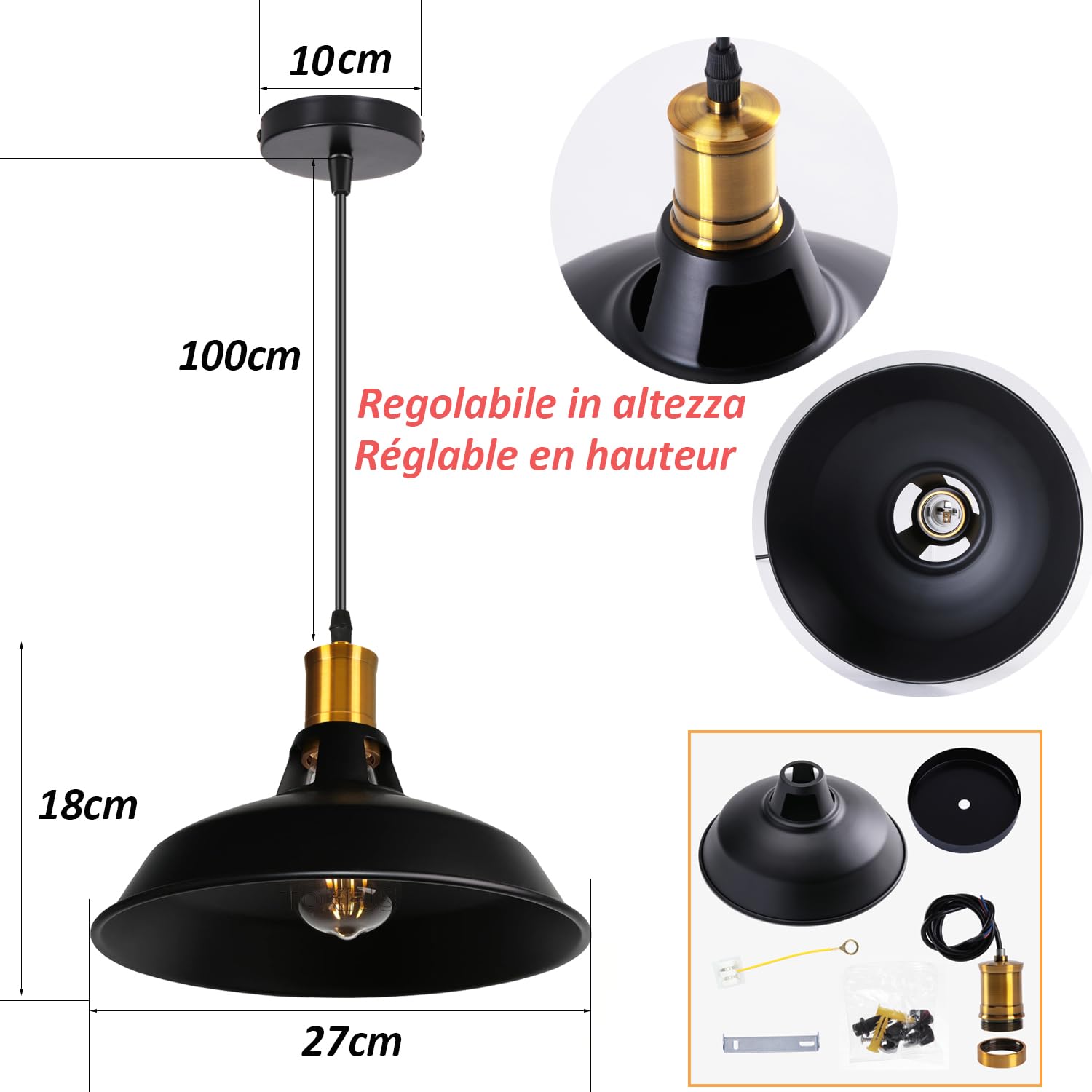 Lampada a Sospensione Industriale Vintage Lampadario Plafoniera E27 in Metallo Ø27cm Lampada da soffitto Retro Interni Per Cucina Camera da letto Sala Da Pranzo (Nero, 3 pezzi)