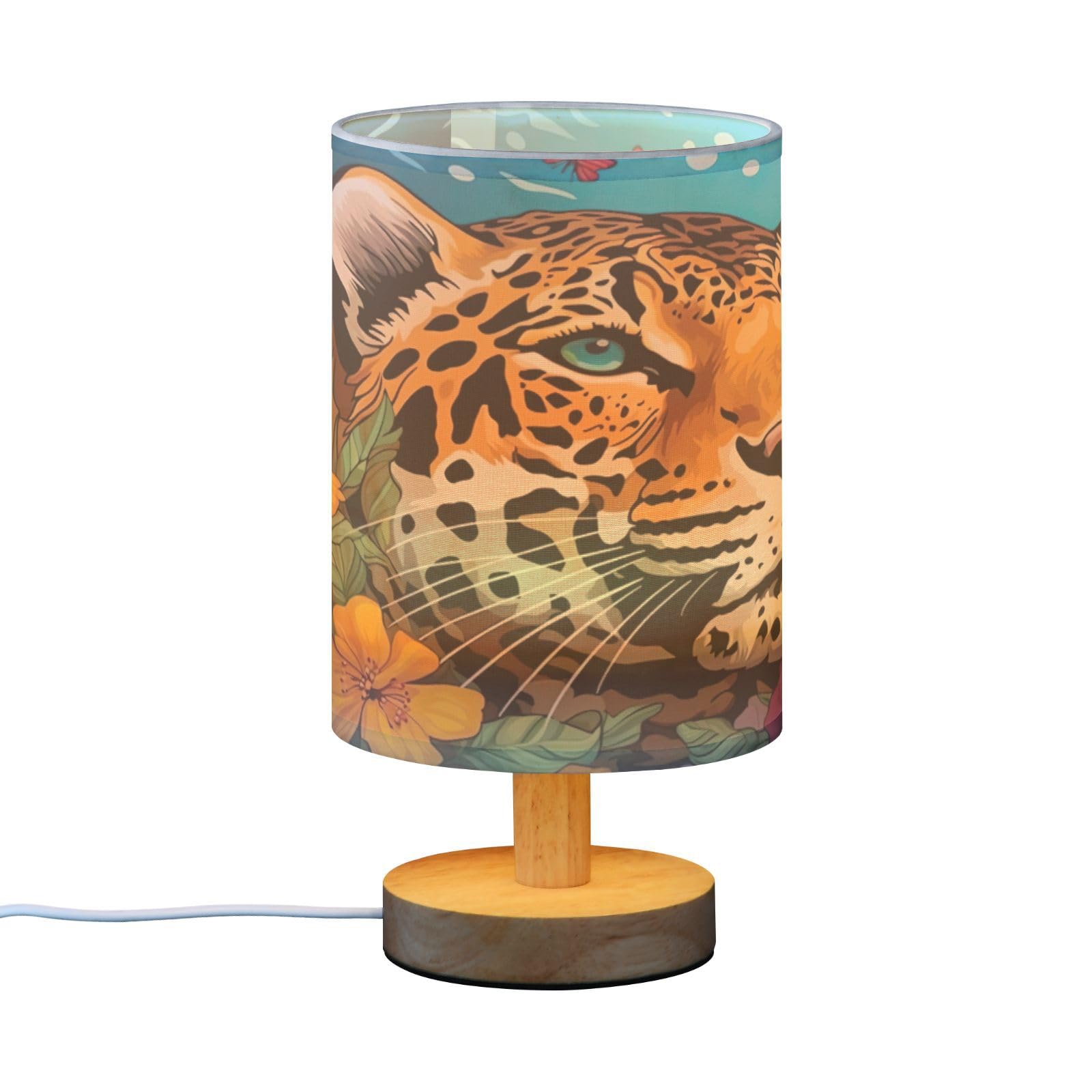 SDMKA Jaguar and Flowers Bedside Table Lamp for Bedroom, Minimalist Nightstand Lamp with Round Fabric Shade for Living Room, Office, No Bulb Required