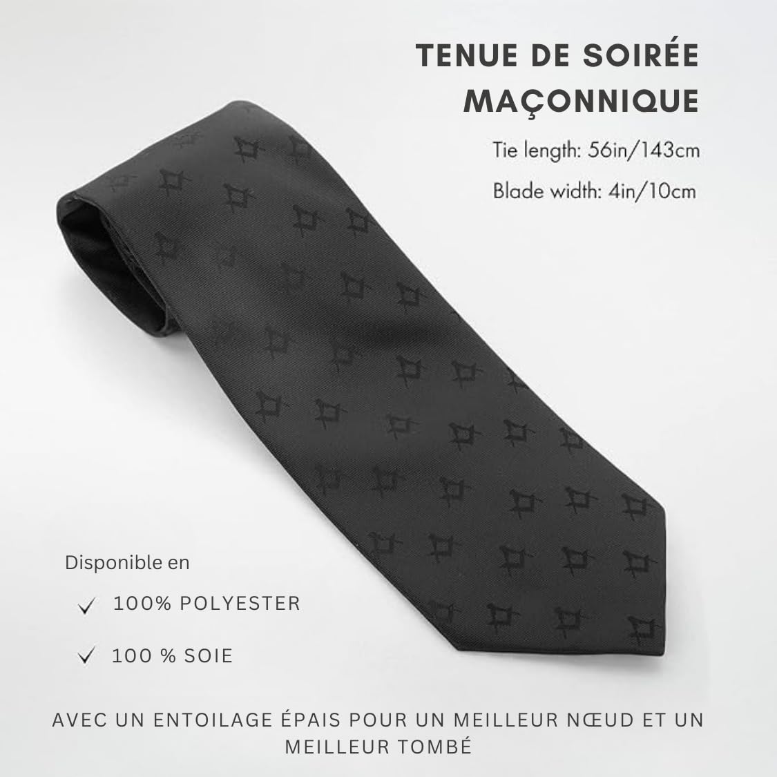 THE MASONIC COLLECTION Cravate noire homme carré et compas - Soie ou polyester - Fait main - Meilleur nœud et suspension - Cadeaux franc-maçons pour hommes