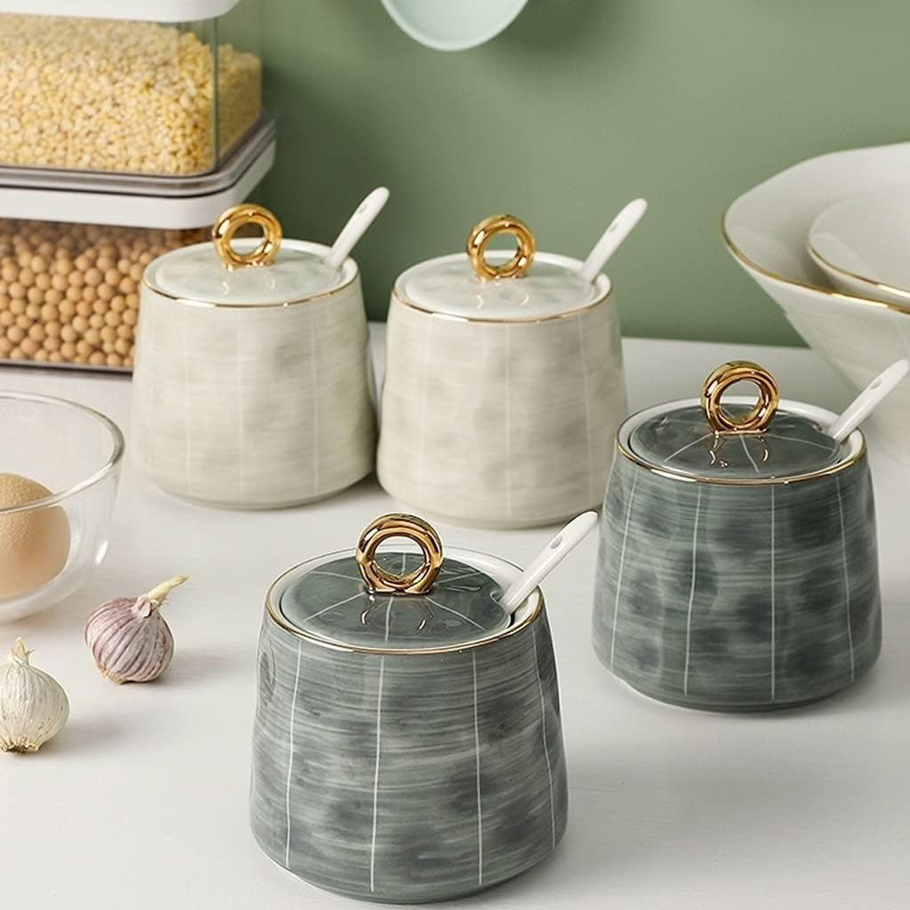 Salt and Sugar Container Sets Ceramics Condiment Container Set 280ml Seasoning Pot with Lids and Spoons Home Nordic Luxury Seasoning Box Set Kitchen Counter,A-4pcs