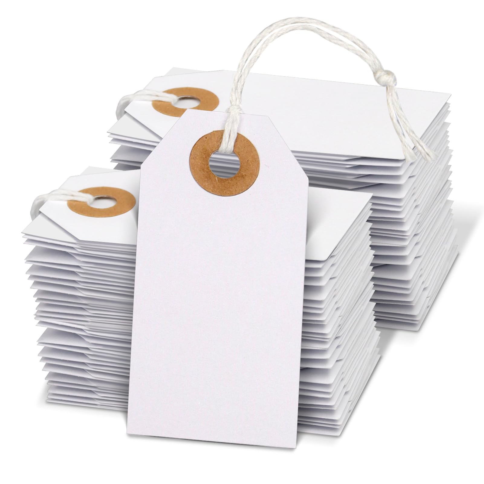 Hanqing Price Tags with String, 100 Pcs Hang Card with Reinforced Hole, Blank Paper Display Tags for Luggage Clothing, Gifts