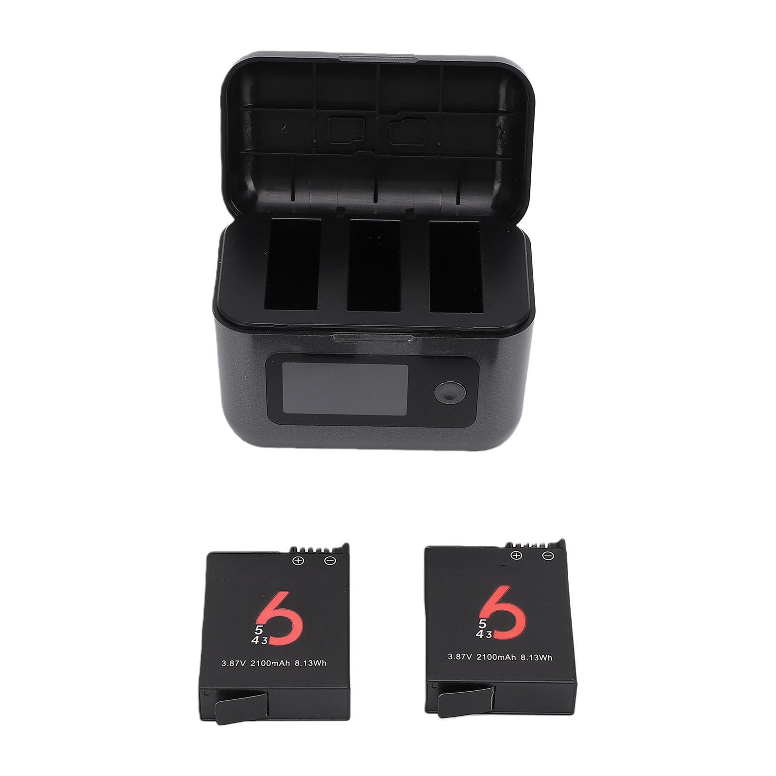 Caricabatterie rapido per action camera 6, 5, Pro, 4, 3 e 360 | Stazione di ricarica e accumulo a 2 canali, con 2 batterie da 2100 mAh, display LCD che mostra il livello della batteria.