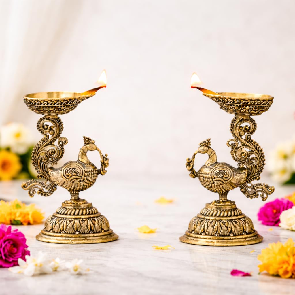 Brass Peacock Diya Set of 2 – Antique Decorative Oil Lamp for Pooja, Mandir, Home Decor & Diwali Decoration, Traditional Peacock Deepak Gift Item Small-image-42