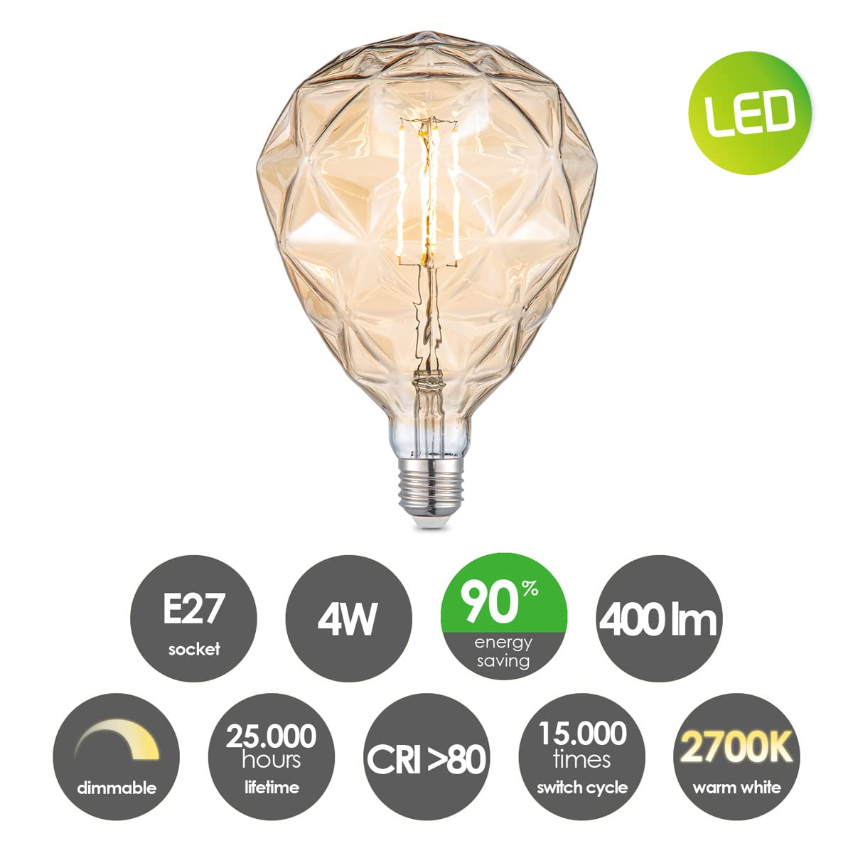 Home Sweet Home Edison Vintage E27 | fonte luminosa LED filamento Globe | G125 Deco lampada LED | Ambra | Dimmerabile | 4W 400lm 2700K | luce bianca calda | Adatto per attacco E27