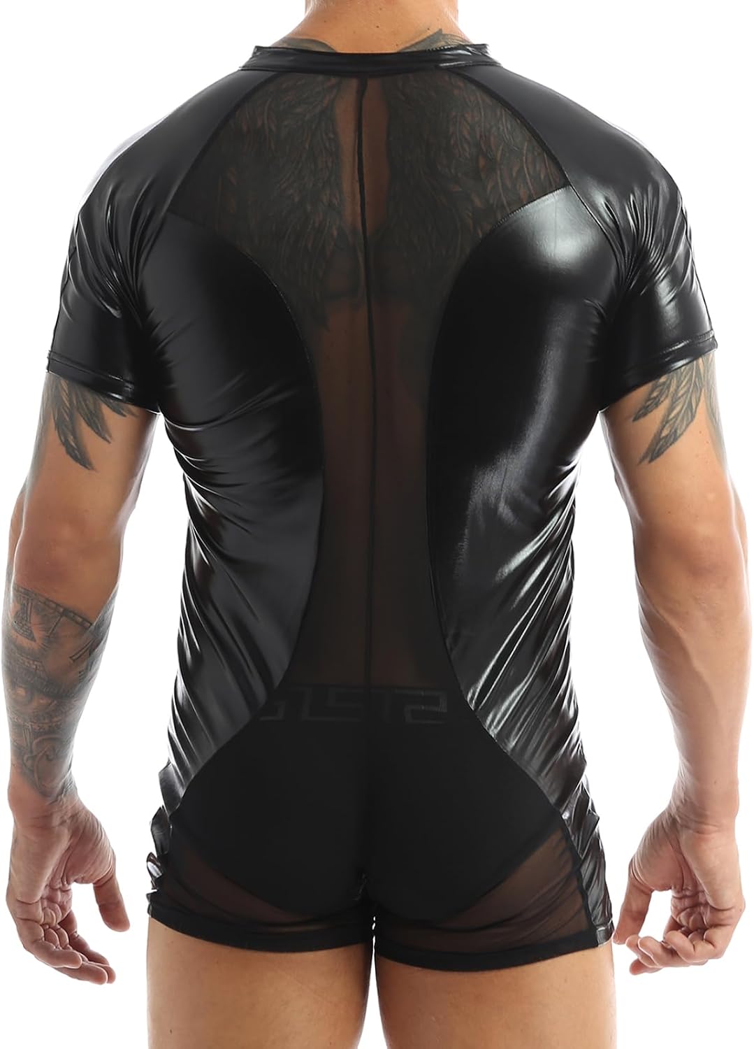 Men's One-piece Shiny Metallic Short Sleeves Mesh Patchwork Skin-Tight Bodysuit Jumpsuit Clubwear