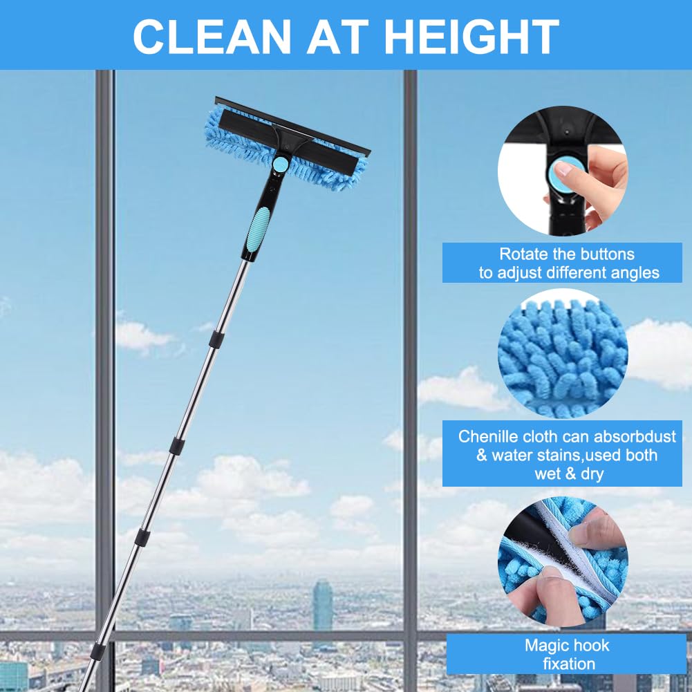 Pulitore telescopico per finestre, 3,7 m, 4,5 m, 2 in 1, set con estrattore in silicone e panno in microfibra, lavavetri con 10 aste telescopiche per finestre alte, auto (blu, 4,5 m)