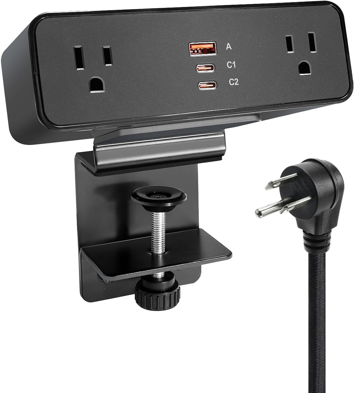 Desk Clamp Power Strip USB C 100W, Desktop Edge Mount Fast Charge Station 3 PD USB Port 2 AC Outlets 6ft Braided Extension Cord Flat Plug Fit Max 3.26’’ Tabletop Edge for Gaming Office Table.