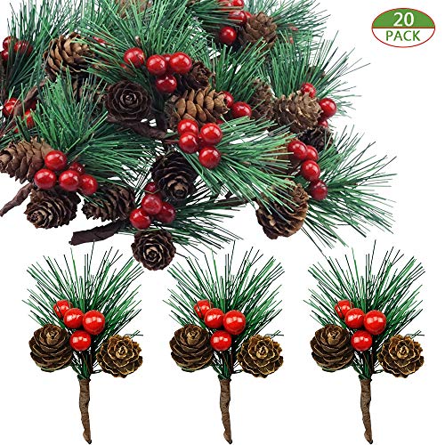 Shxstore-1 Red Berry Pinecones Pine Needles Stems Picks Artificial Winter Christmas Berries Decor