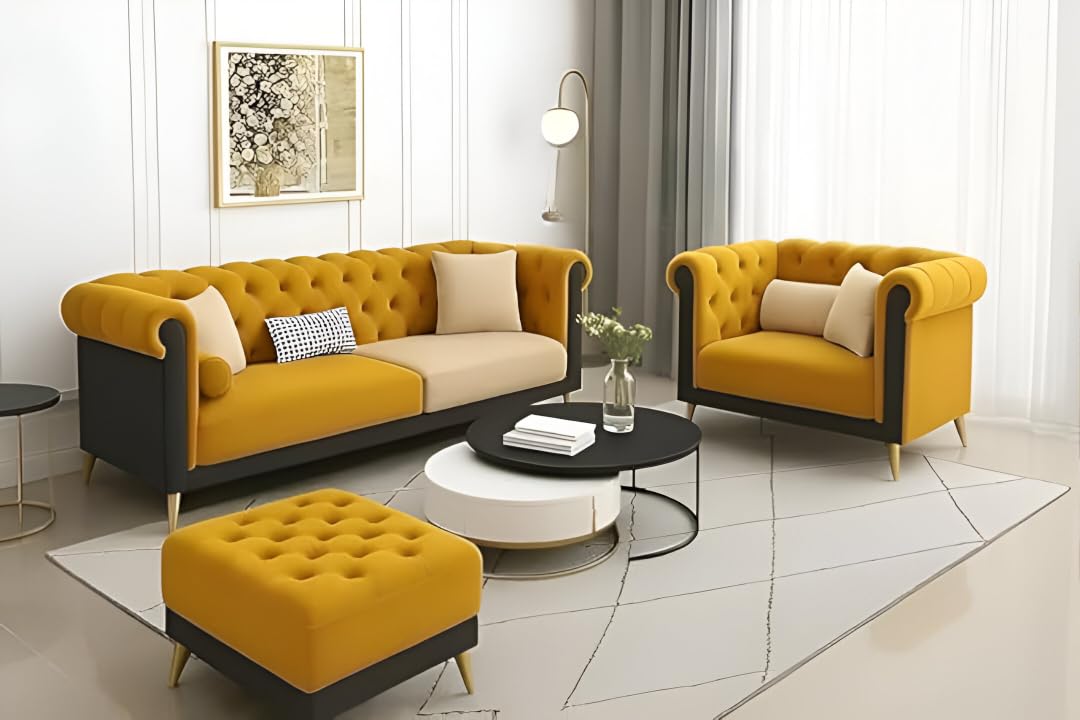 Modern Classic 5 Seater Fabric & Valvet Tufted 3+2 Footrest Chesterfield Sofa Living Room Home and Office (5 Person Sofa Set) (Mustard & Cream)-image-28