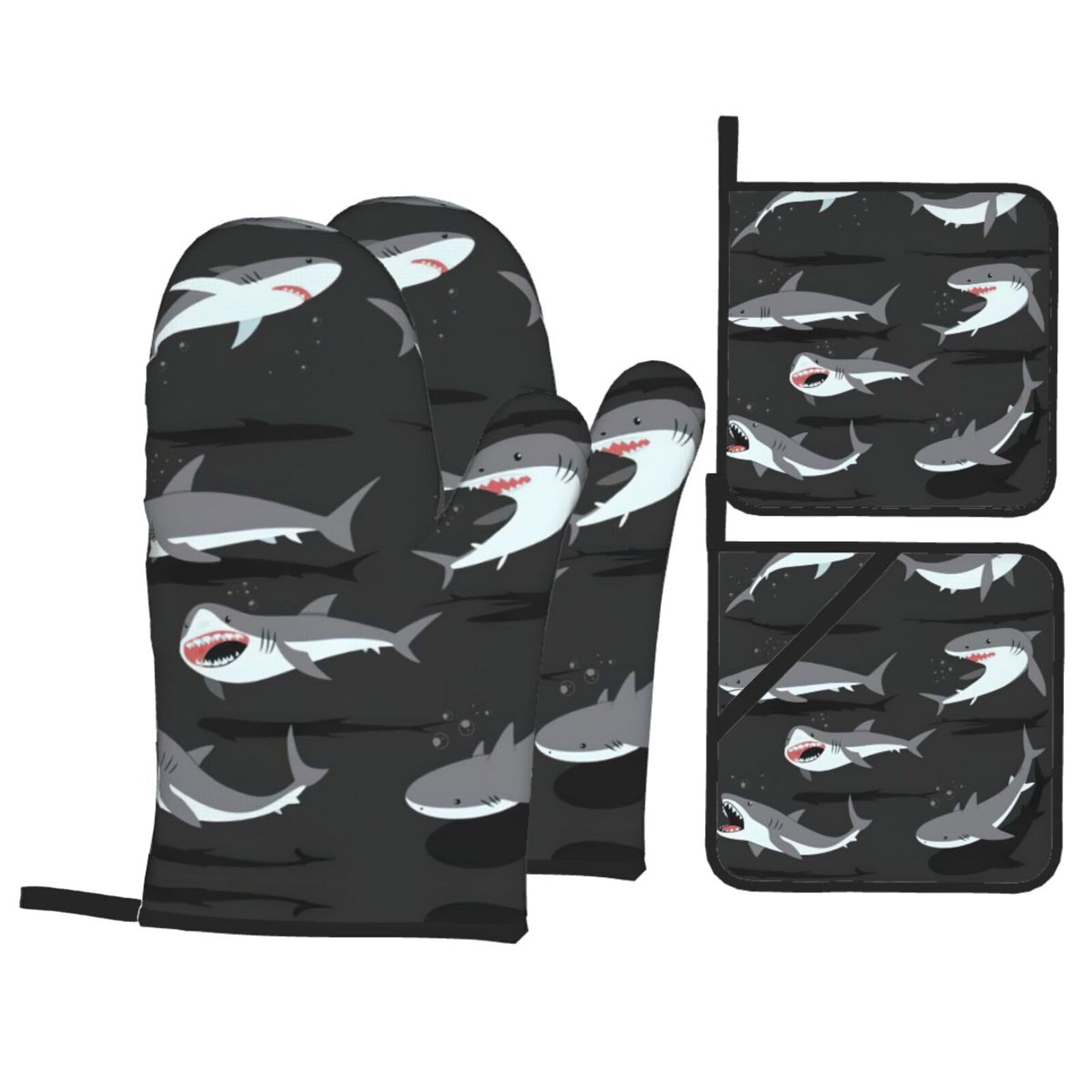 Shark Print Stylish 4-Piece Microwaving Oven Waterproof Kitchen Gloves Baking Holiday Cooking