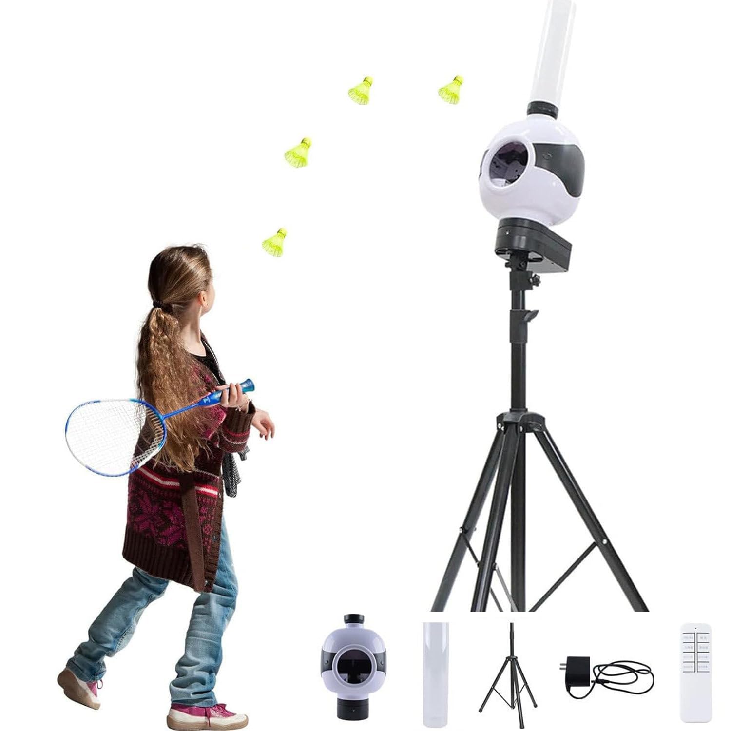 Macchina Badminton con Telecomando e Staffa Regolabile, Lanciatore Automatico Volani Allenamento Interno Esterno, 3-10s/Palla, Aiuto Allenamento Principianti, Adulti, Bambini