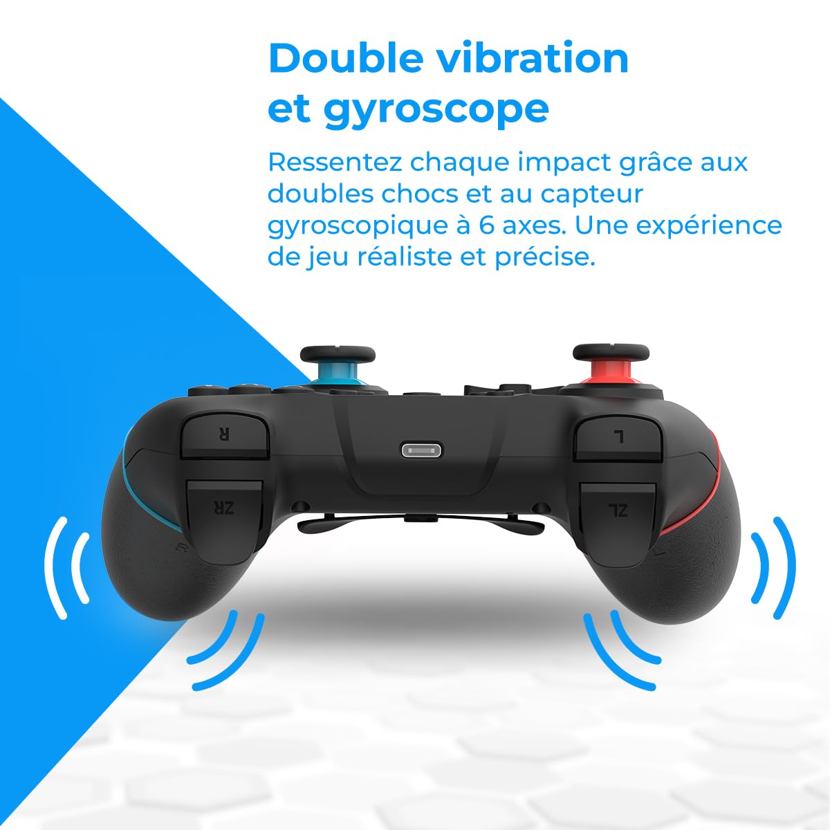 NK Manette Sans fil – Compatible avec Switch/Switch 2/OLED/Lite/Pro avec fonction Wake, réglages macro, Bluetooth, 6 axes, fonction turbo, double choc, double vibration - Couleur noire (rouge et bleu)