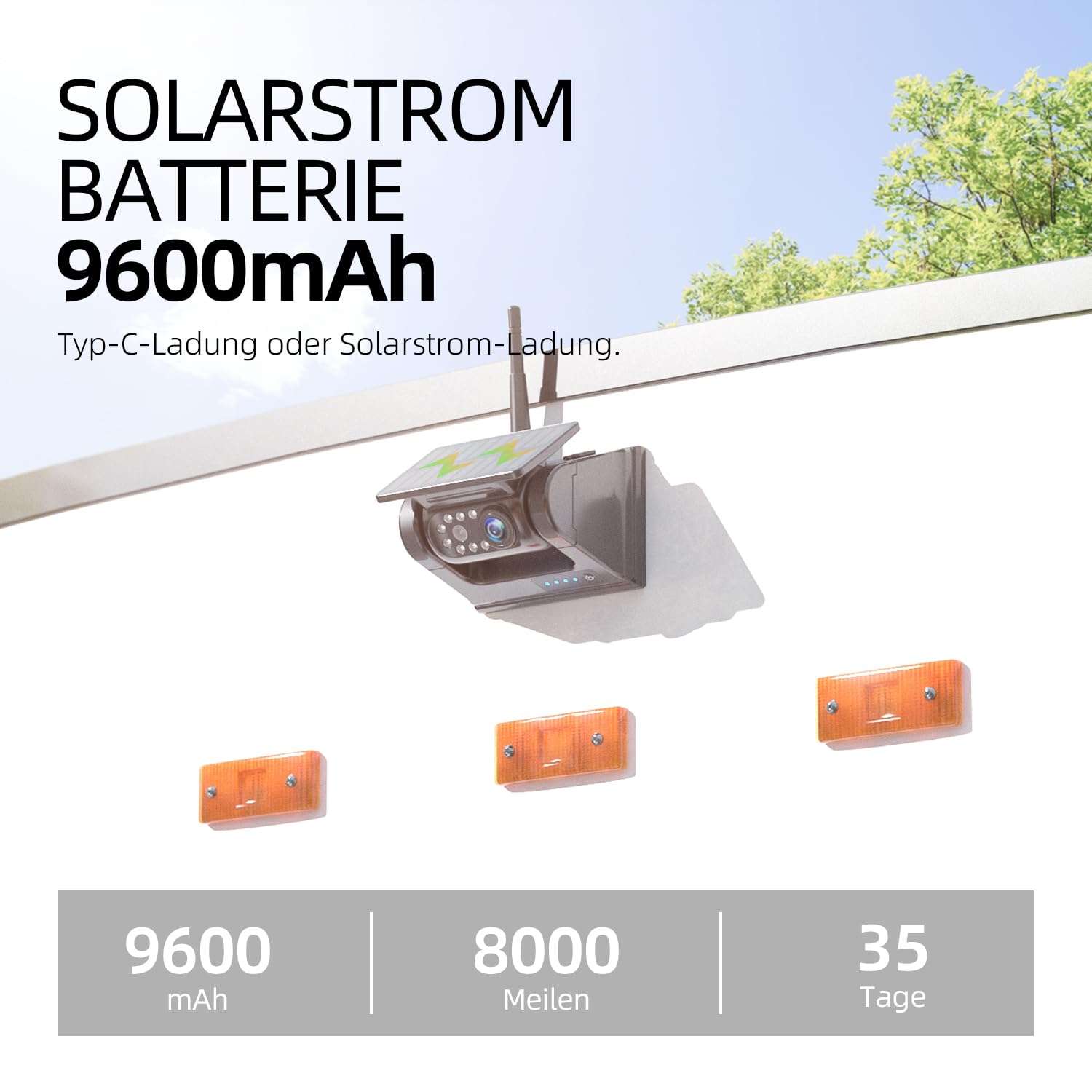 eRapta Magnetisch Solar Rückfahrkamera Kabellos 7" 1080P Monitor 9600mAh Akku IP69K Wasserdicht für Auto LKW Van RV