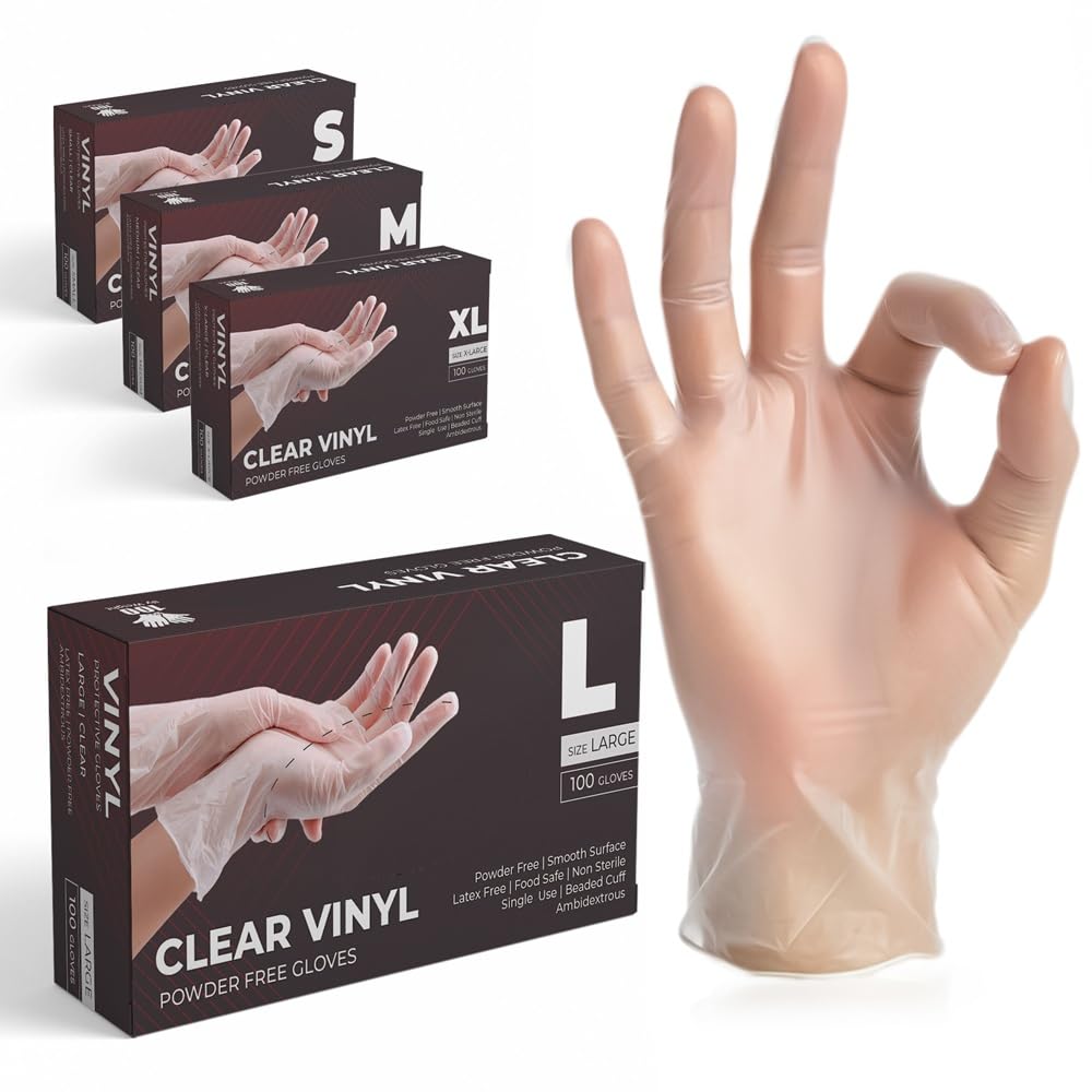 K-MART Vinyl Multi-Purpose Gloves, Powder Free, Disposable, Extra Strong - Box of 100 - Clear