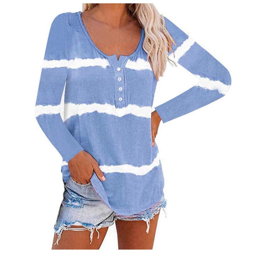 Womens Tie Dye Long Sleeve Tops Adjustable Buttons V Neck Henley Shirts Summer Loose Casual Pullover Blouse