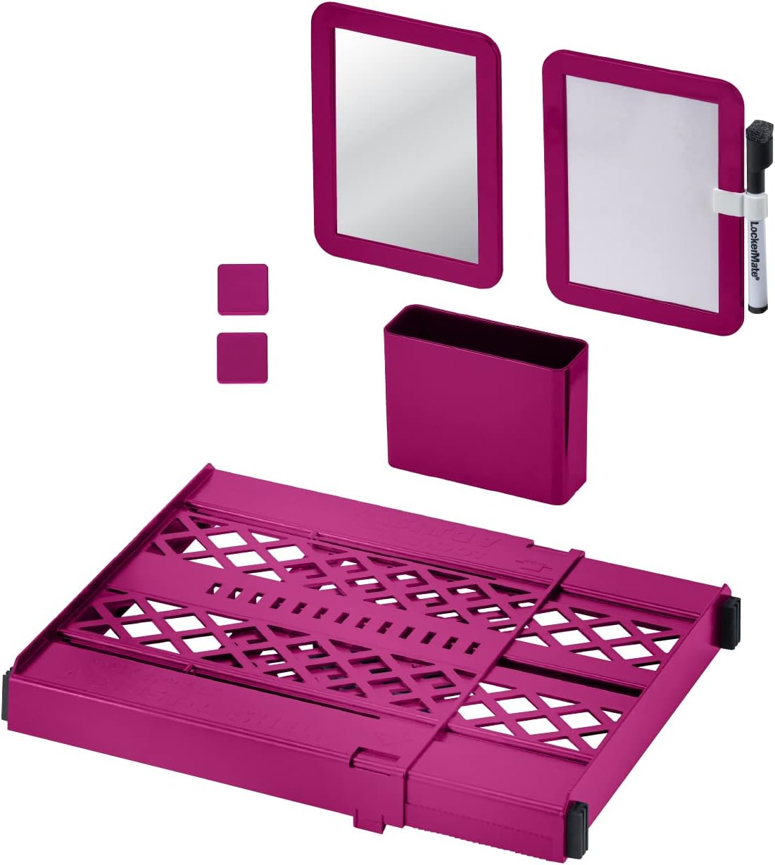LockerMate Adjust-A-Shelf 6-Piece Locker Accessories Set, Extends to Fit Your Locker, Includes Storage Drawer, Mirror, Whiteboard, Storage Cup, Pink (50924KIT-FCH) Pink 6 Piece Kit Shelf + 6 Piece Kit